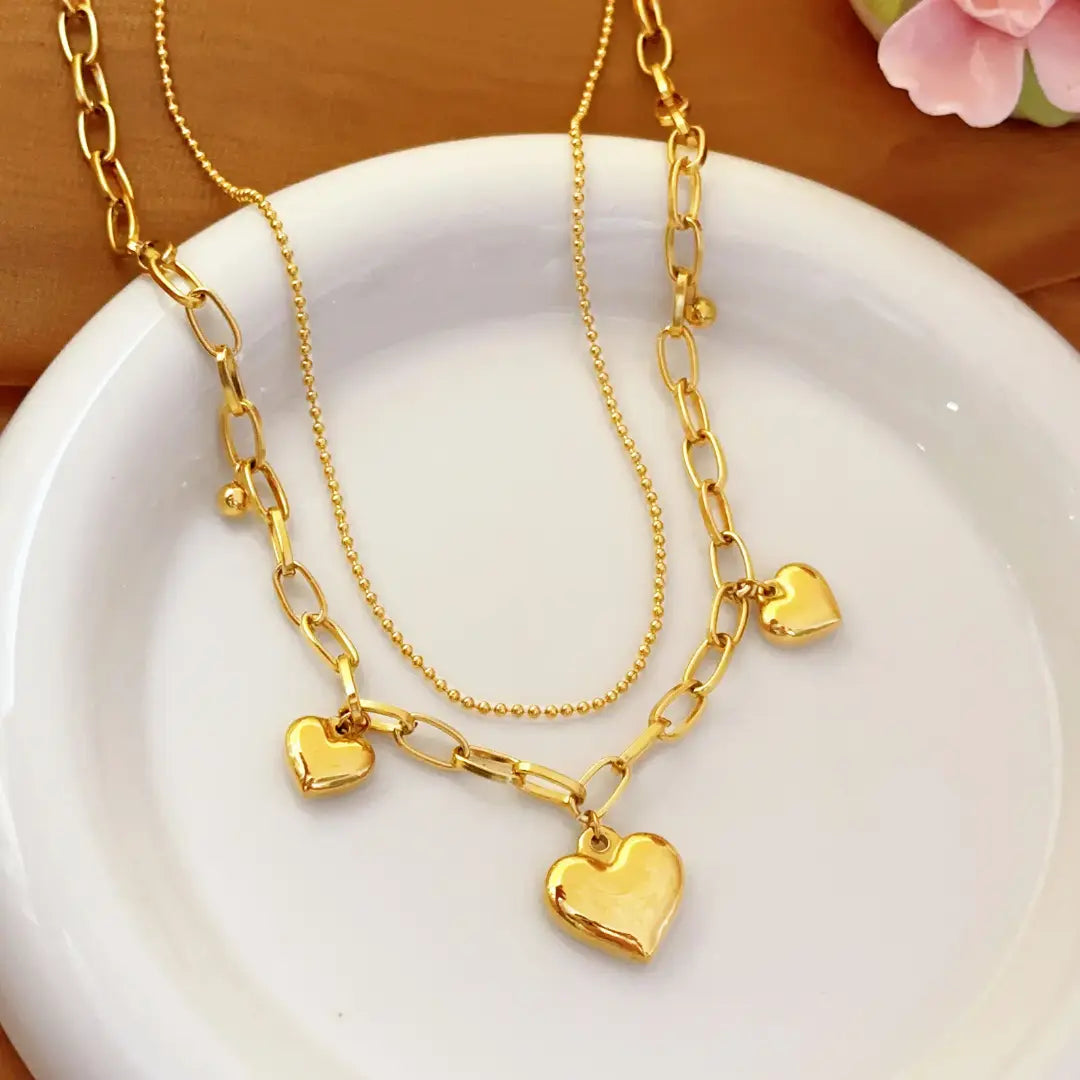 18K Gold-Plated Layered Heart Charm Necklace with Chunky Chain Vavya