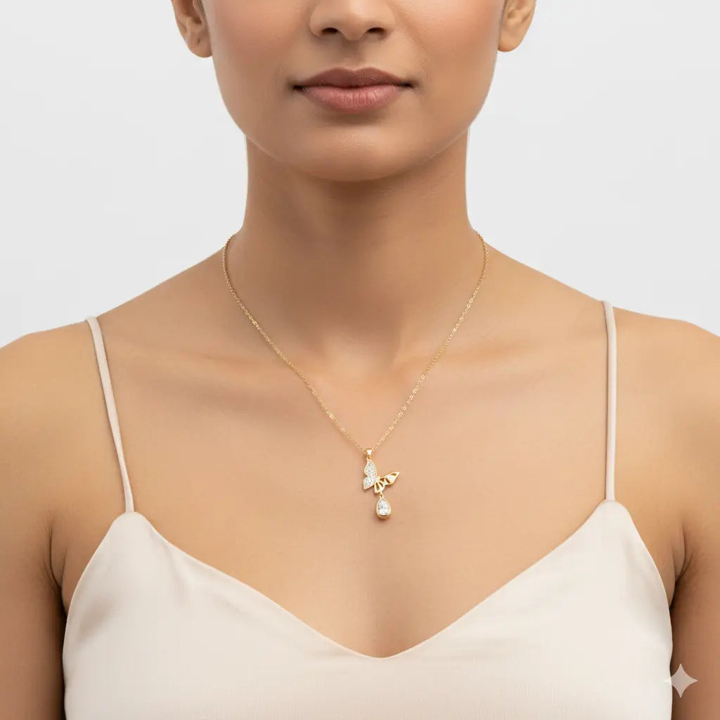 Winged Pearl Drop Necklace in Luxe Gold with Sparkling Crystal Rain Vavya
