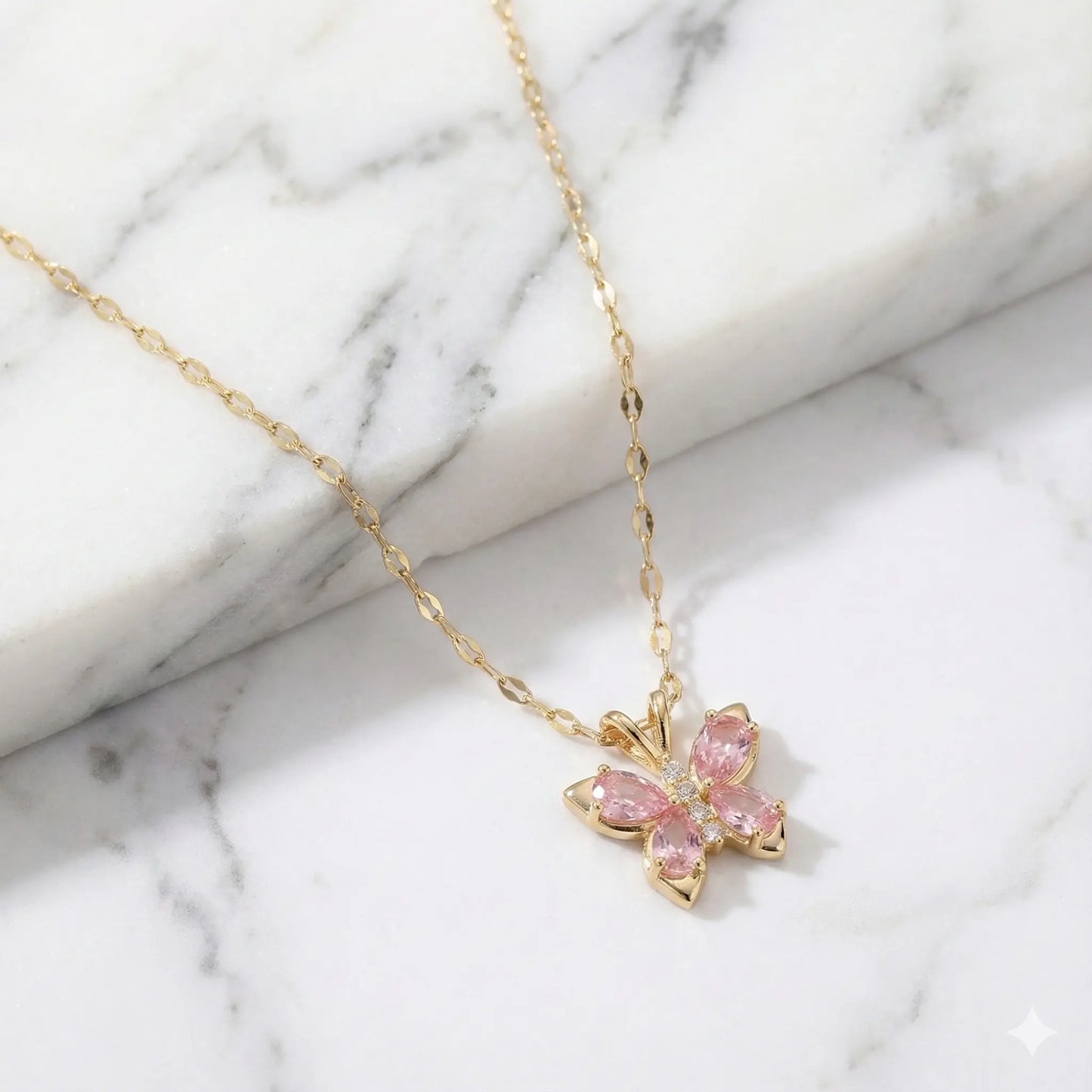 Pink Gem Butterfly Necklace with Sparkling Crystal Luxe Gold Finish Vavya