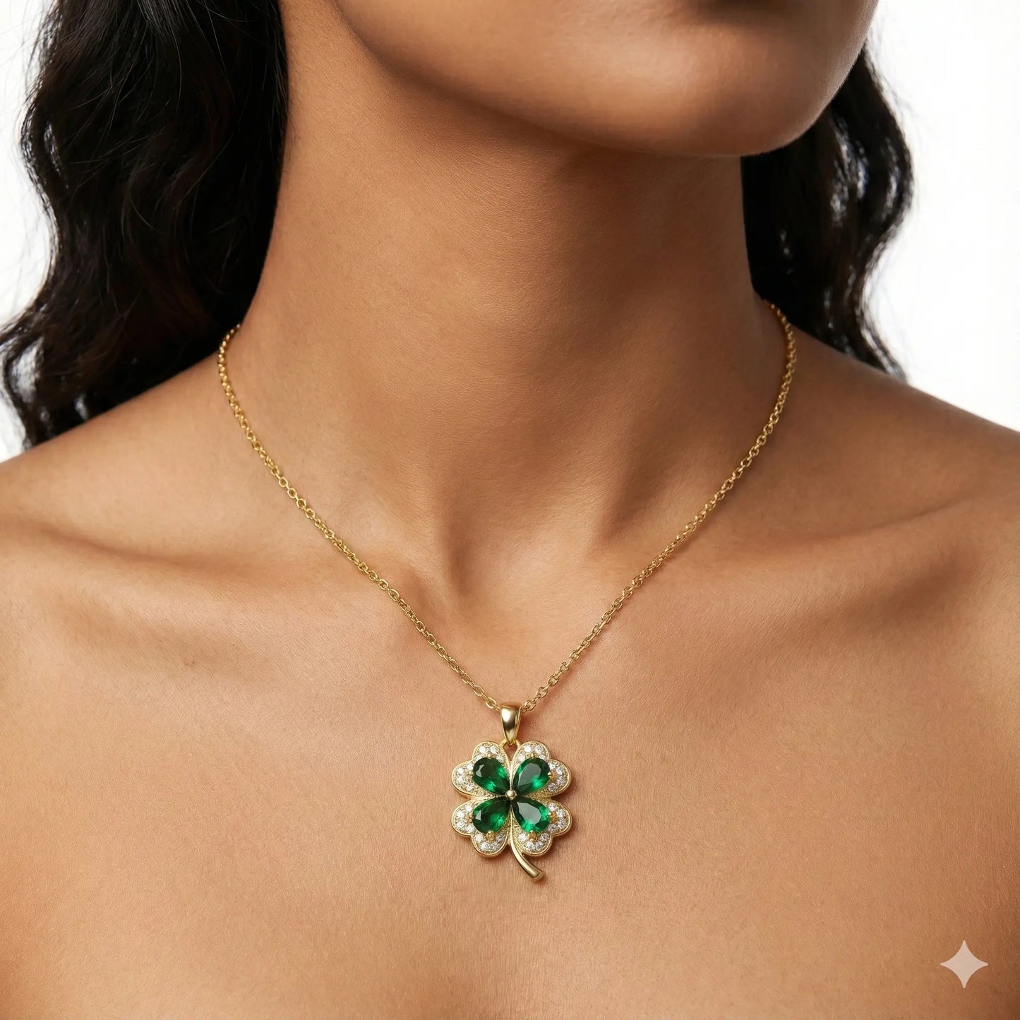 Emerald Clover Luck Necklace with Diamond Halo in Luxe Gold Finish Vavya