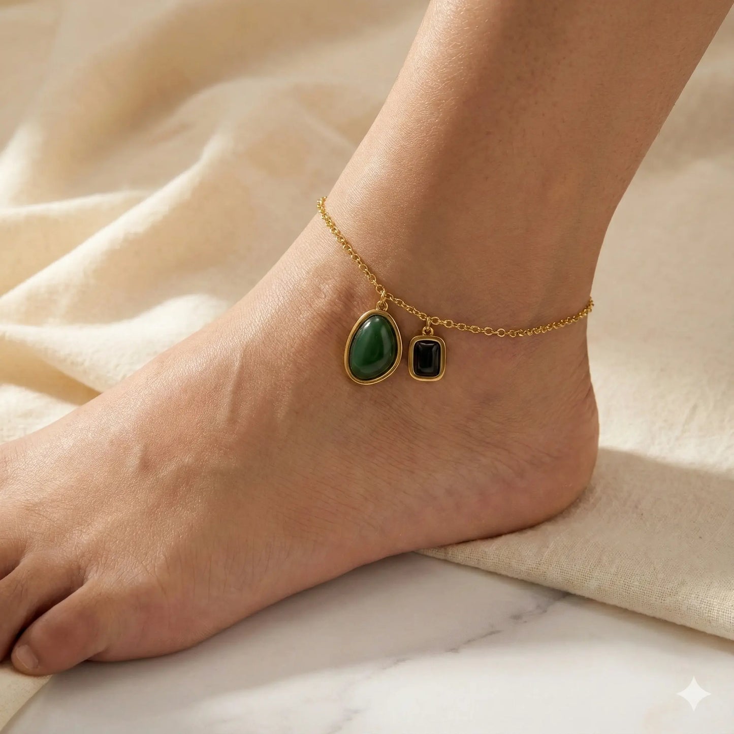 Green Jade & Black Onyx Pendant Anklet in 18K Gold Polish Vavya