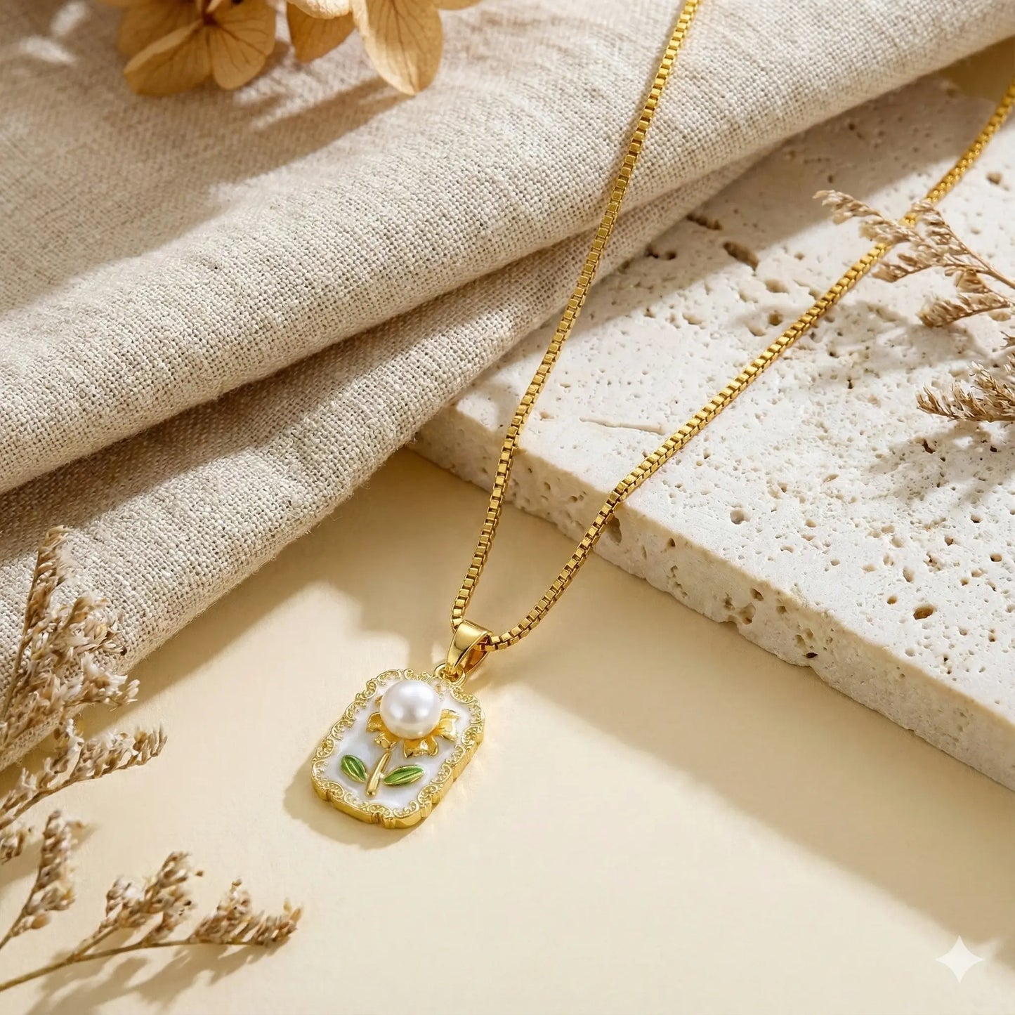 Flower Pendant Necklace with Pearl Bloom, Enamel Accents & Antique Gold Finish Vavya