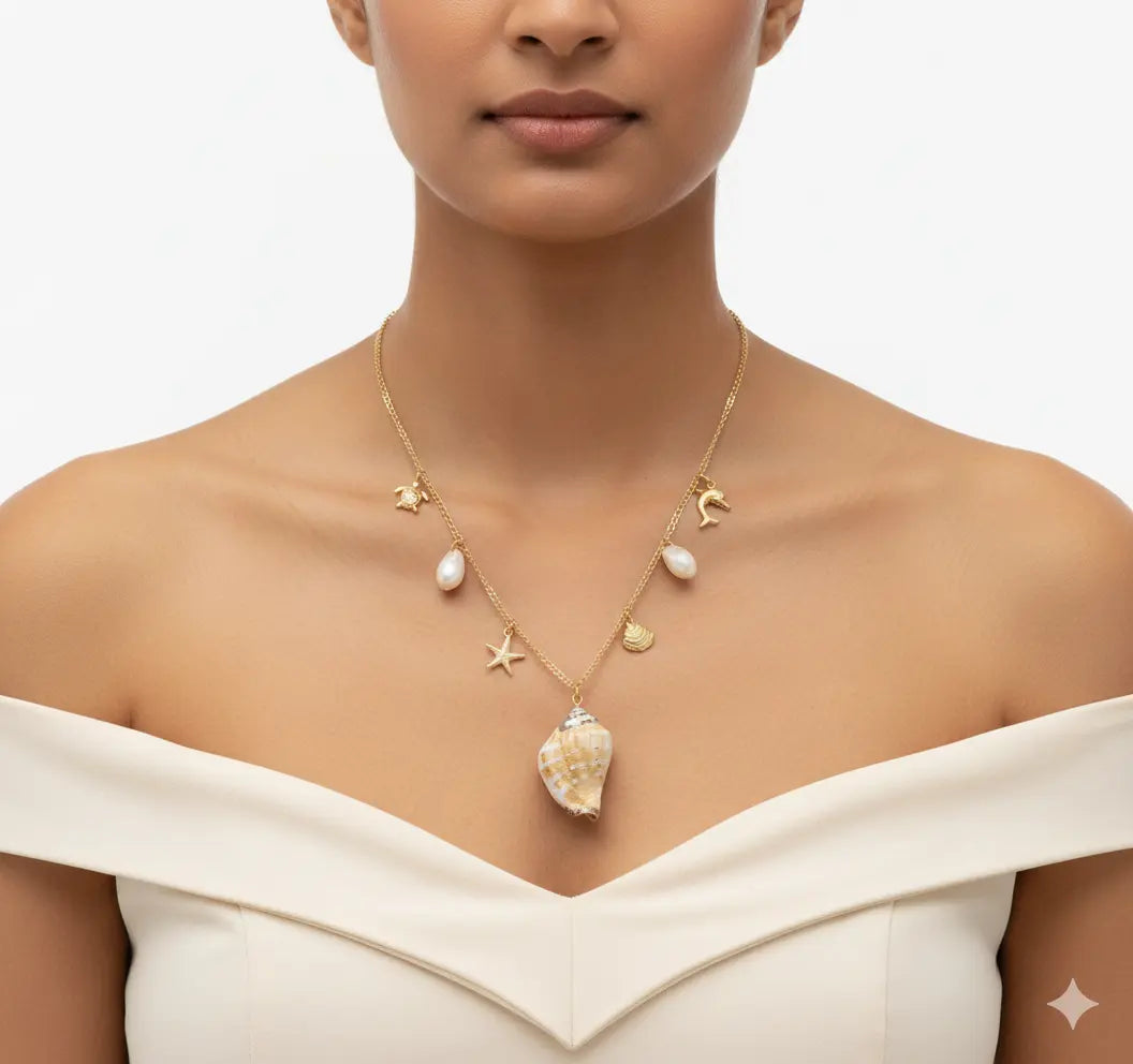 Ocean-Inspired Gold Plated Shell Charm Necklace with Starfish, Pearl Drops Vavya