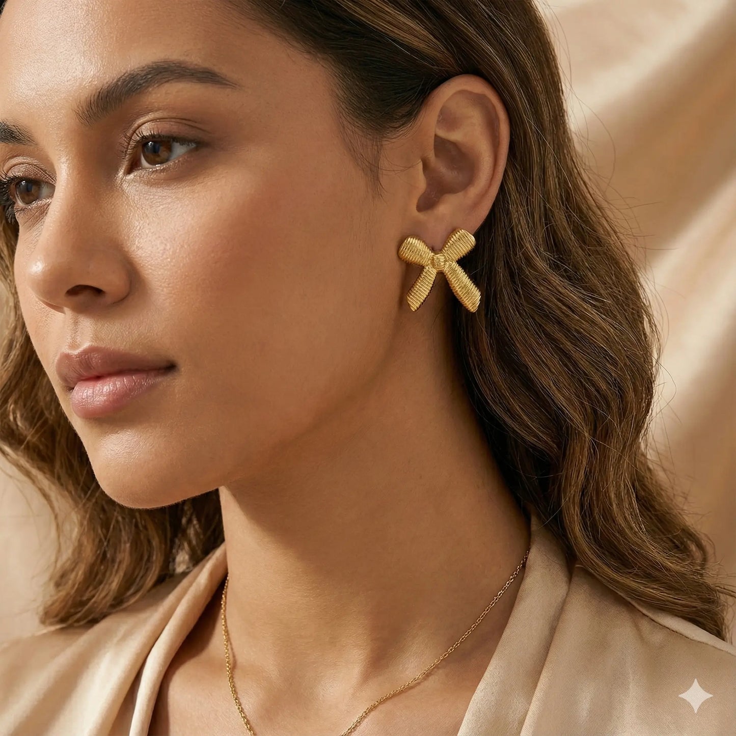 Golden Bow Earrings with Pleated Ribbon Style & Luxe Shine Vavya