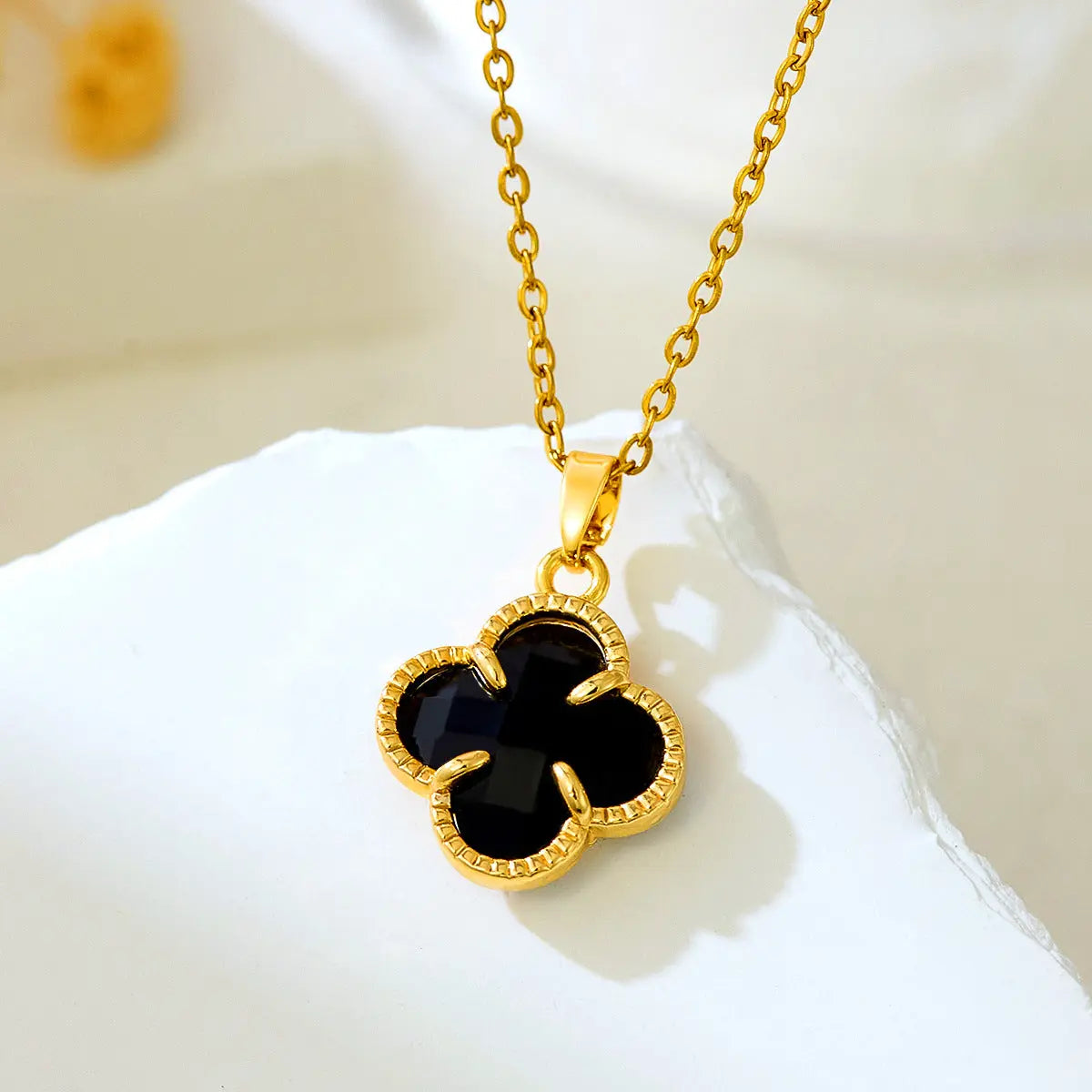 Classic Black Clover Pendant in 18K Gold Finish with Rich Enamel Vavya