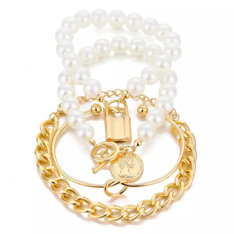 Korean Style Gold-Plated Pearl Bracelet Set (4 Pieces) – Fashion Jewelry for Women Vavya