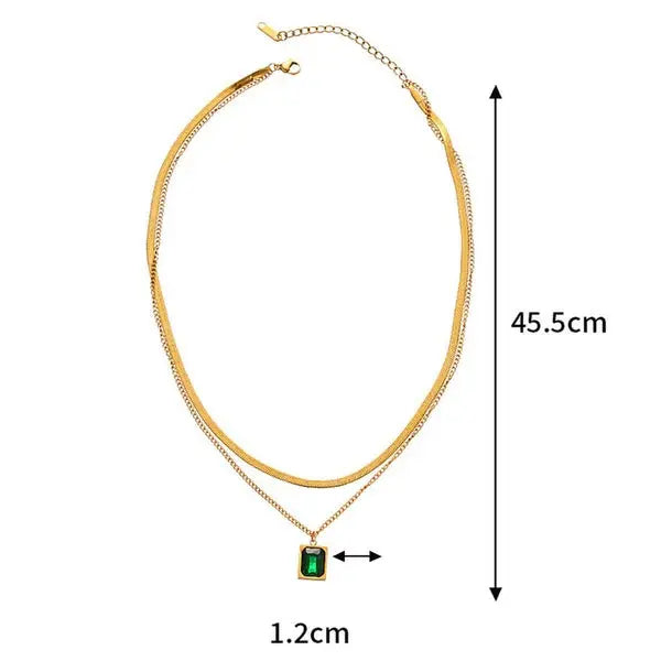 Gold-Plated Layered Necklace with Green Emerald Pendant Vavya