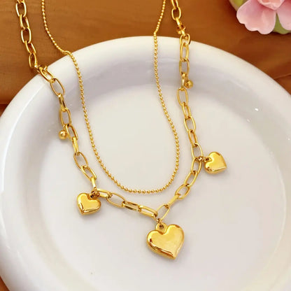 18K Gold-Plated Layered Heart Charm Necklace with Chunky Chain Vavya
