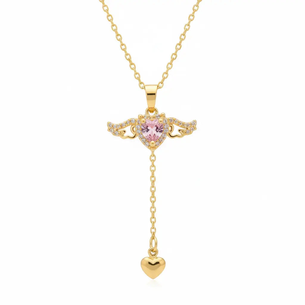 Pink Heart Wings Necklace with Sparkling Crystal & Gold Drop Charm Vavya