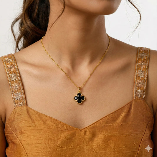 Classic Black Clover Pendant in 18K Gold Finish with Rich Enamel Vavya