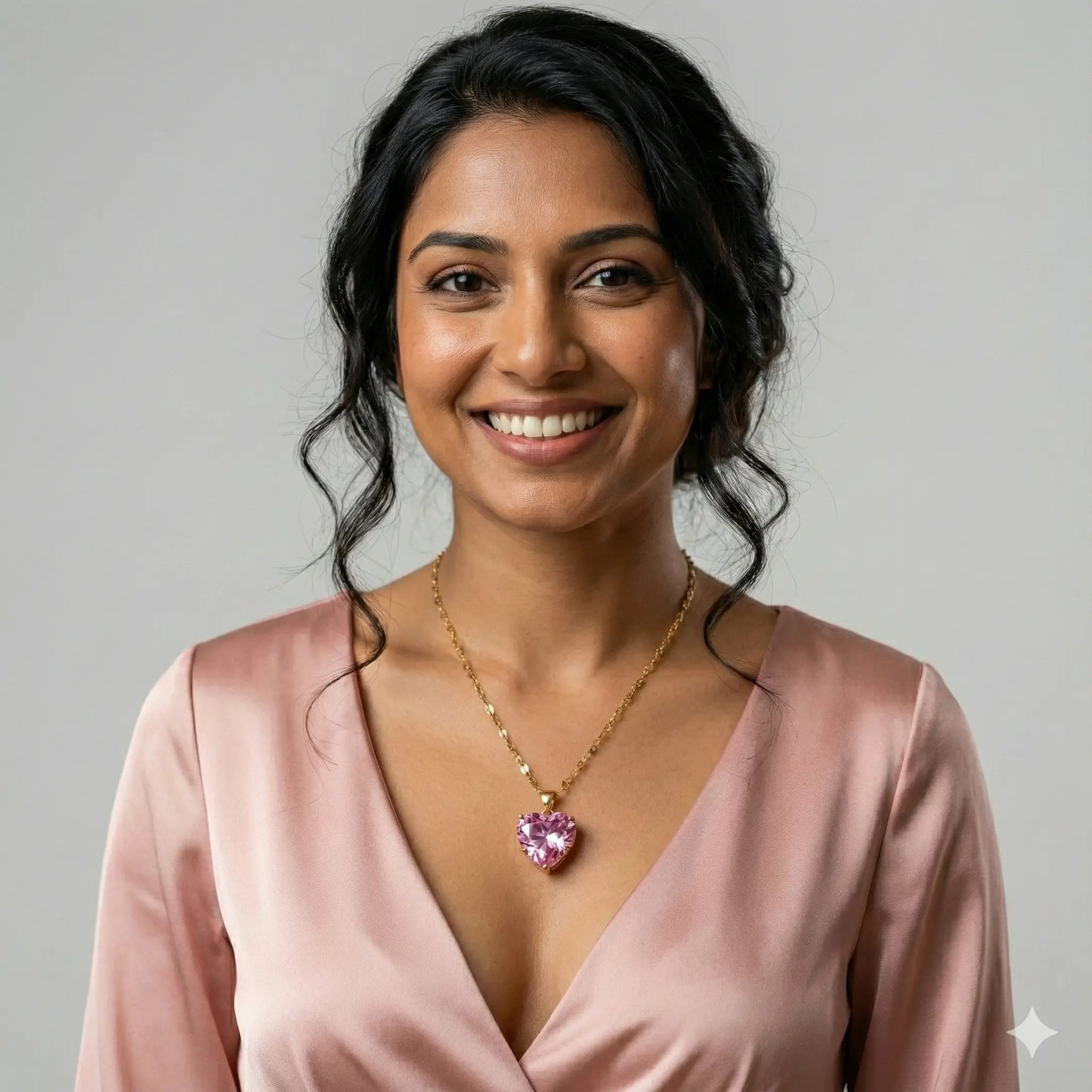 Pink Heart-Shaped Crystal Pendant Necklace in Glossy Gold Plating Vavya