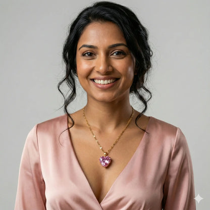 Pink Heart-Shaped Crystal Pendant Necklace in Glossy Gold Plating Vavya