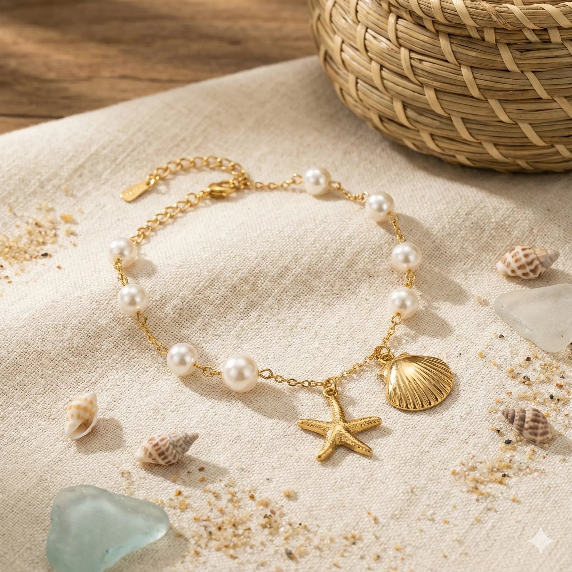 Ocean Pearl Charm Anklet with Golden Shell & Starfish Drops Vavya