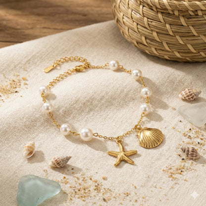 Ocean Pearl Charm Anklet with Golden Shell & Starfish Drops Vavya