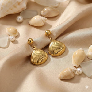Ocean Treasure Shell Earrings Featuring Glossy Gold Droplets