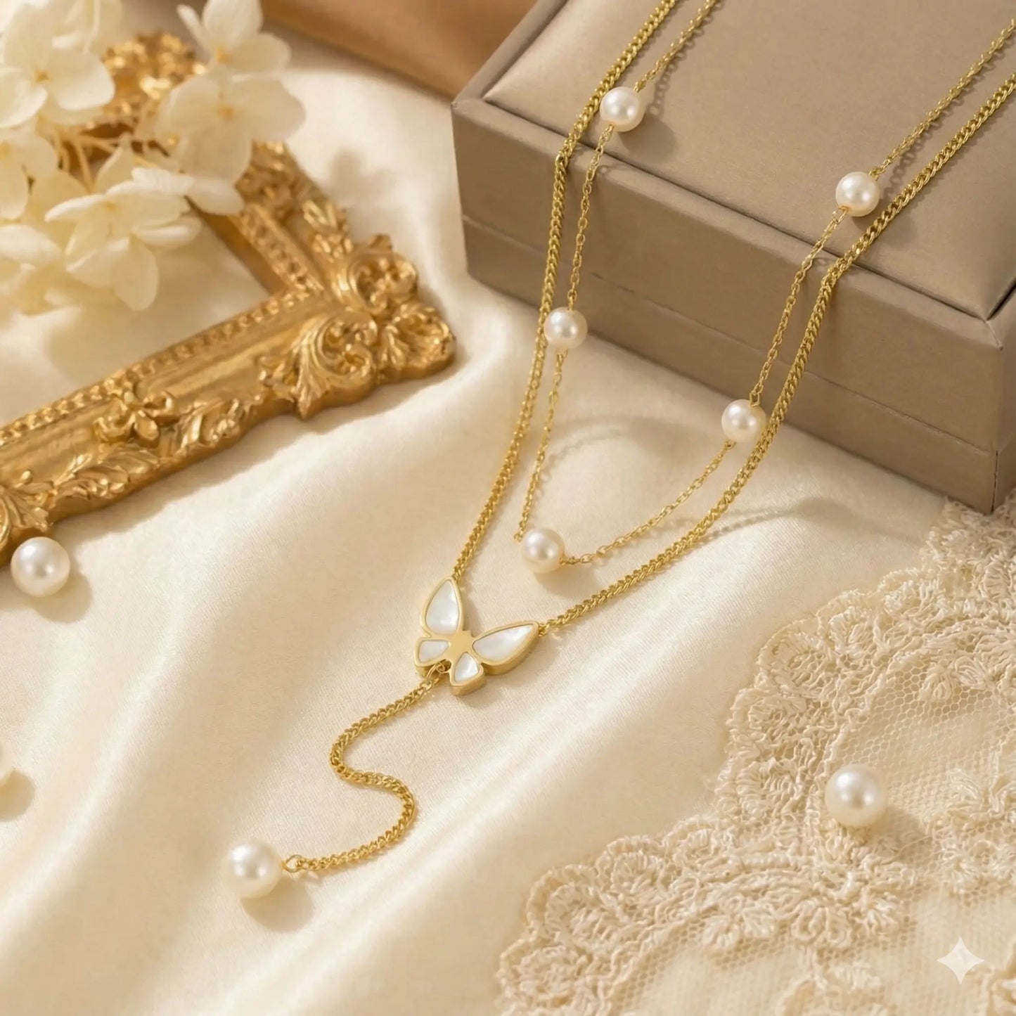 Pearl Butterfly Necklace in 18K Gold Finish with Mother-of-Pearl Charm Vavya