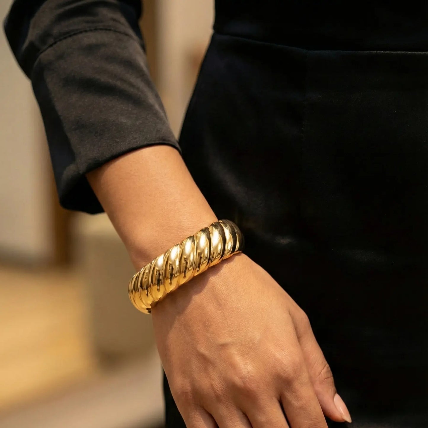 Chunky Gold Twisted Croissant Hinged Cuff Bracelet For Women Vavya