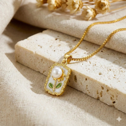 Flower Pendant Necklace with Pearl Bloom, Enamel Accents & Antique Gold Finish Vavya