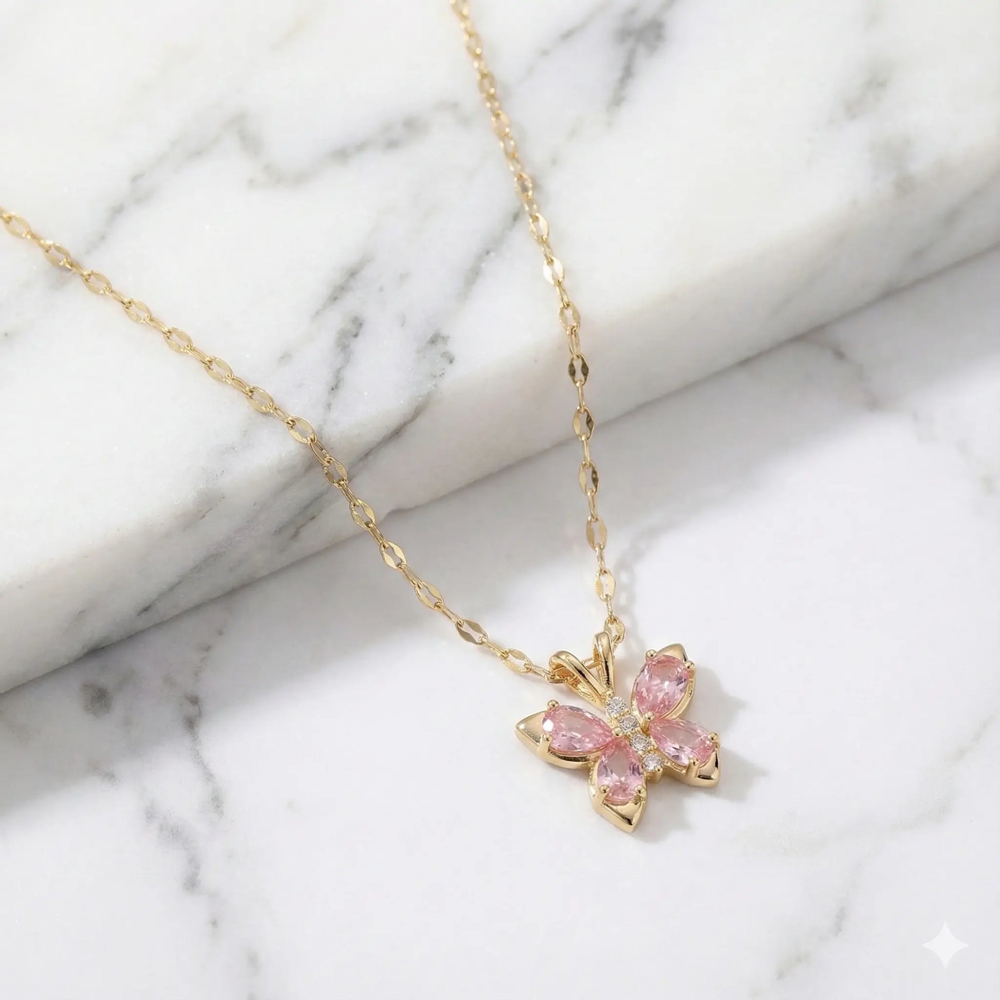 Pink Gem Butterfly Necklace with Sparkling Crystal  Luxe Gold Finish Vavya