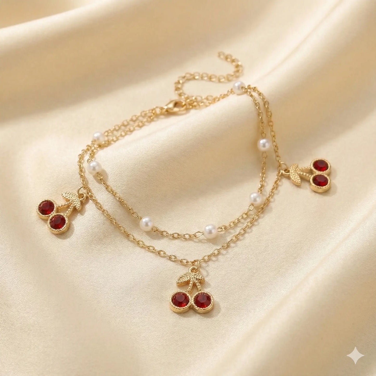 Red Berry Bloom Anklet Adorned with Layered Gold Chains & Pearls Vavya