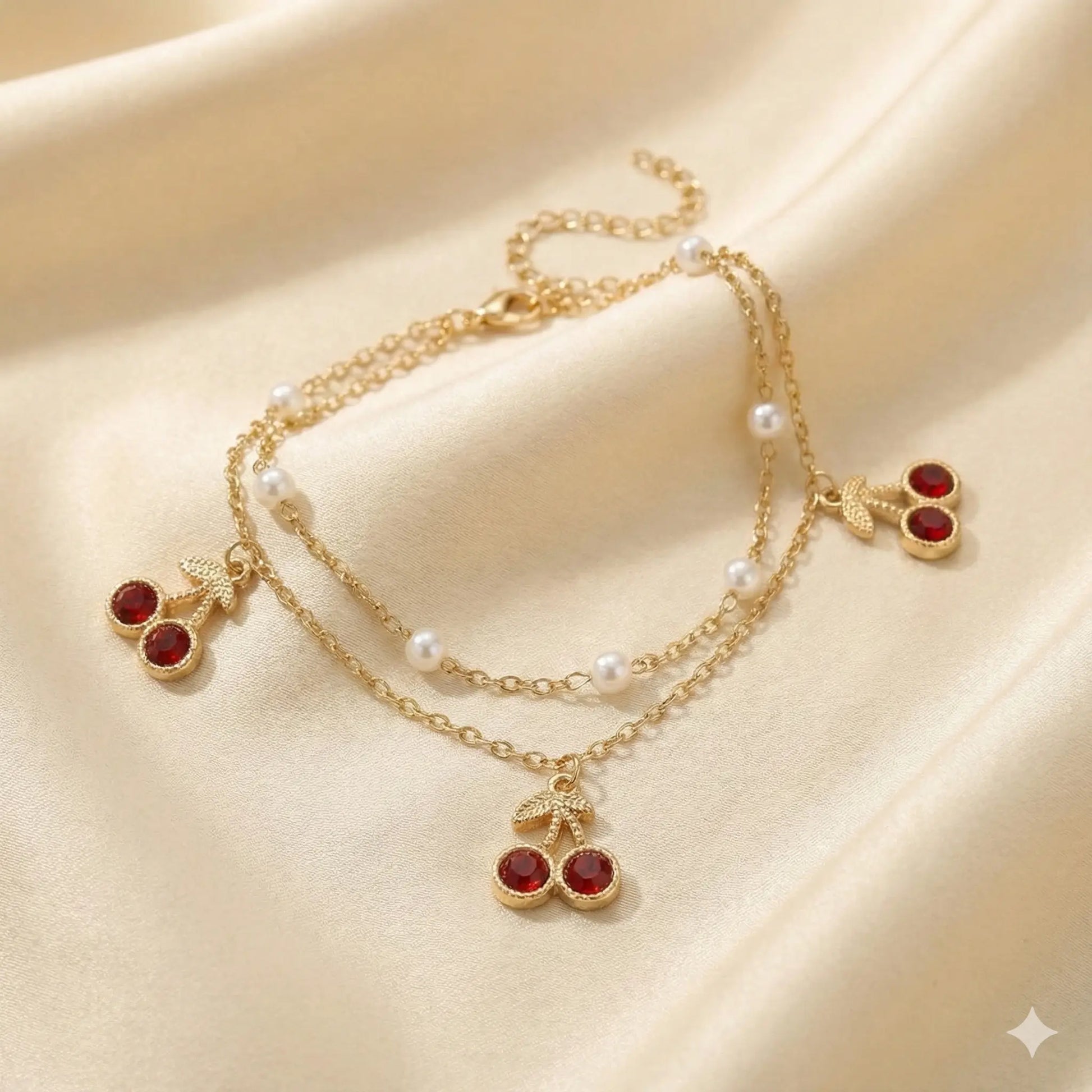 Red Berry Bloom Anklet Adorned with Layered Gold Chains & Pearls Vavya