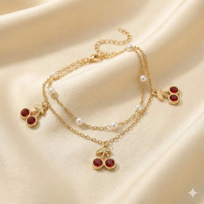 Red Berry Bloom Anklet Adorned with Layered Gold Chains & Pearls Vavya