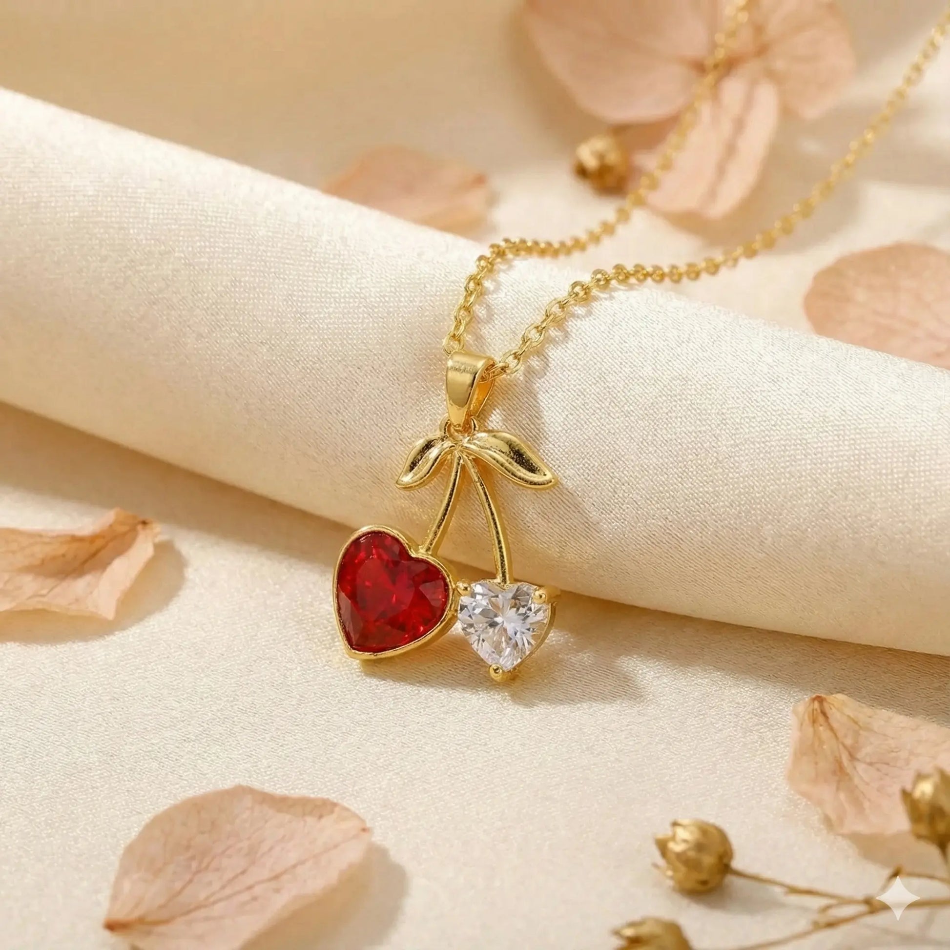18K Gold-Plated Cherry Twin Heart Pendant Necklace with Red Crystal Vavya