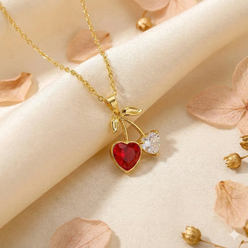 18K Gold-Plated Cherry Twin Heart Pendant Necklace with Red Crystal Vavya