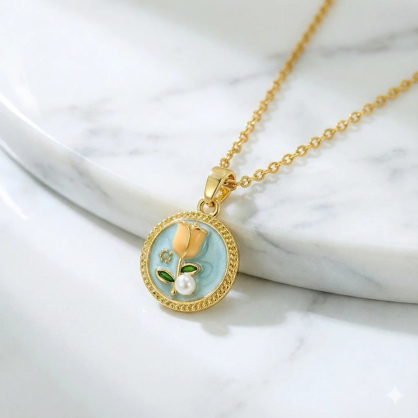18K Gold-Plated Round Floral Pendant Necklace with Sky Blue Enamel, Pearl Accent Vavya