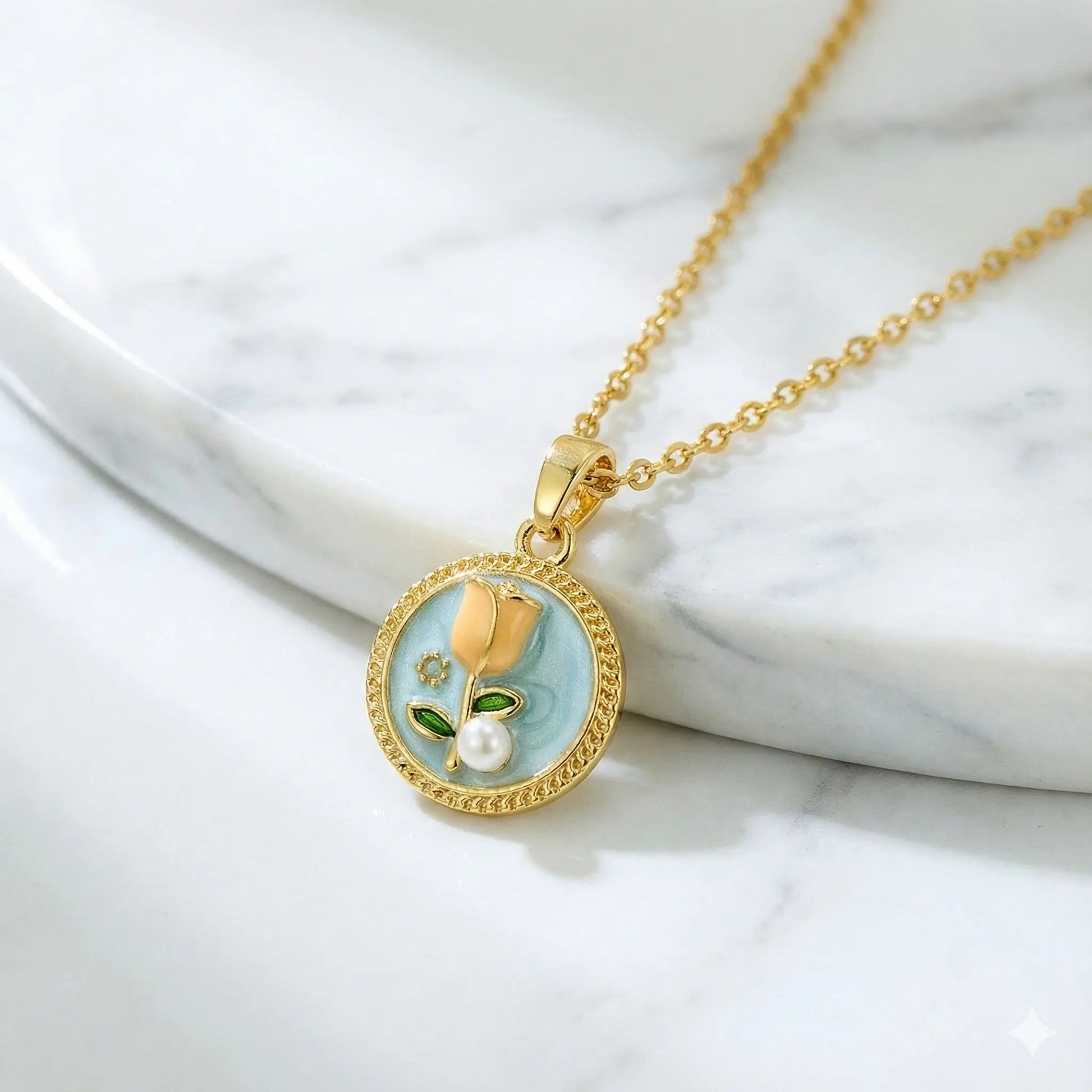 18K Gold-Plated Round Floral Pendant Necklace with Sky Blue Enamel, Pearl Accent Vavya