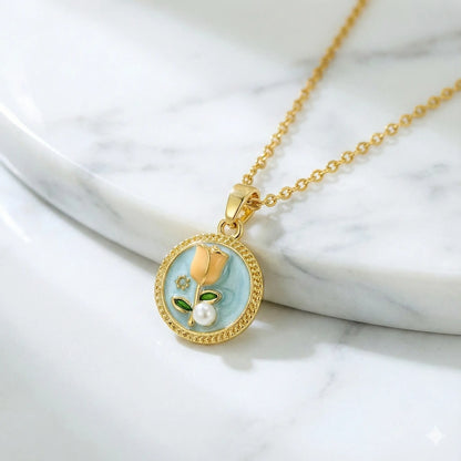 18K Gold-Plated Round Floral Pendant Necklace with Sky Blue Enamel, Pearl Accent Vavya