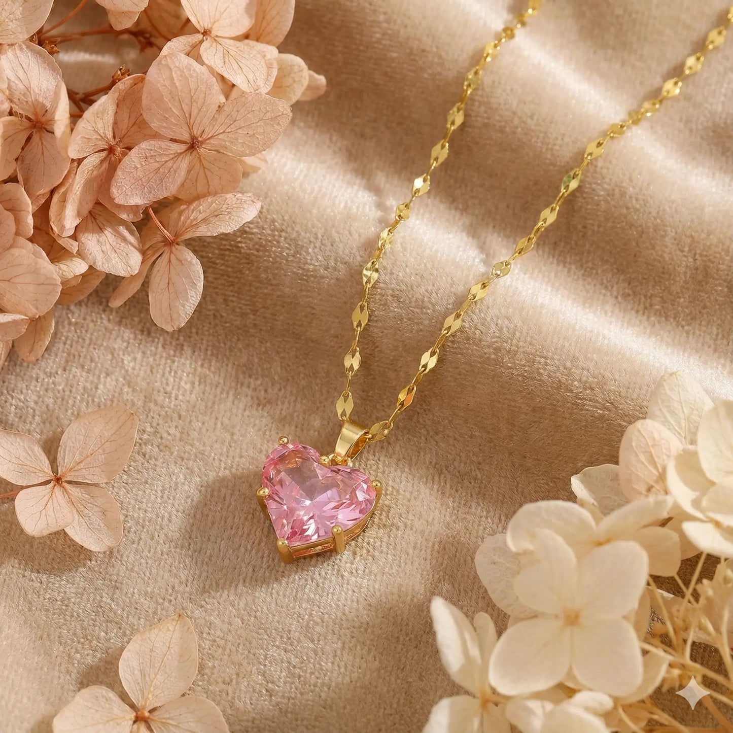 Pink Heart-Shaped Crystal Pendant Necklace in Glossy Gold Plating Vavya