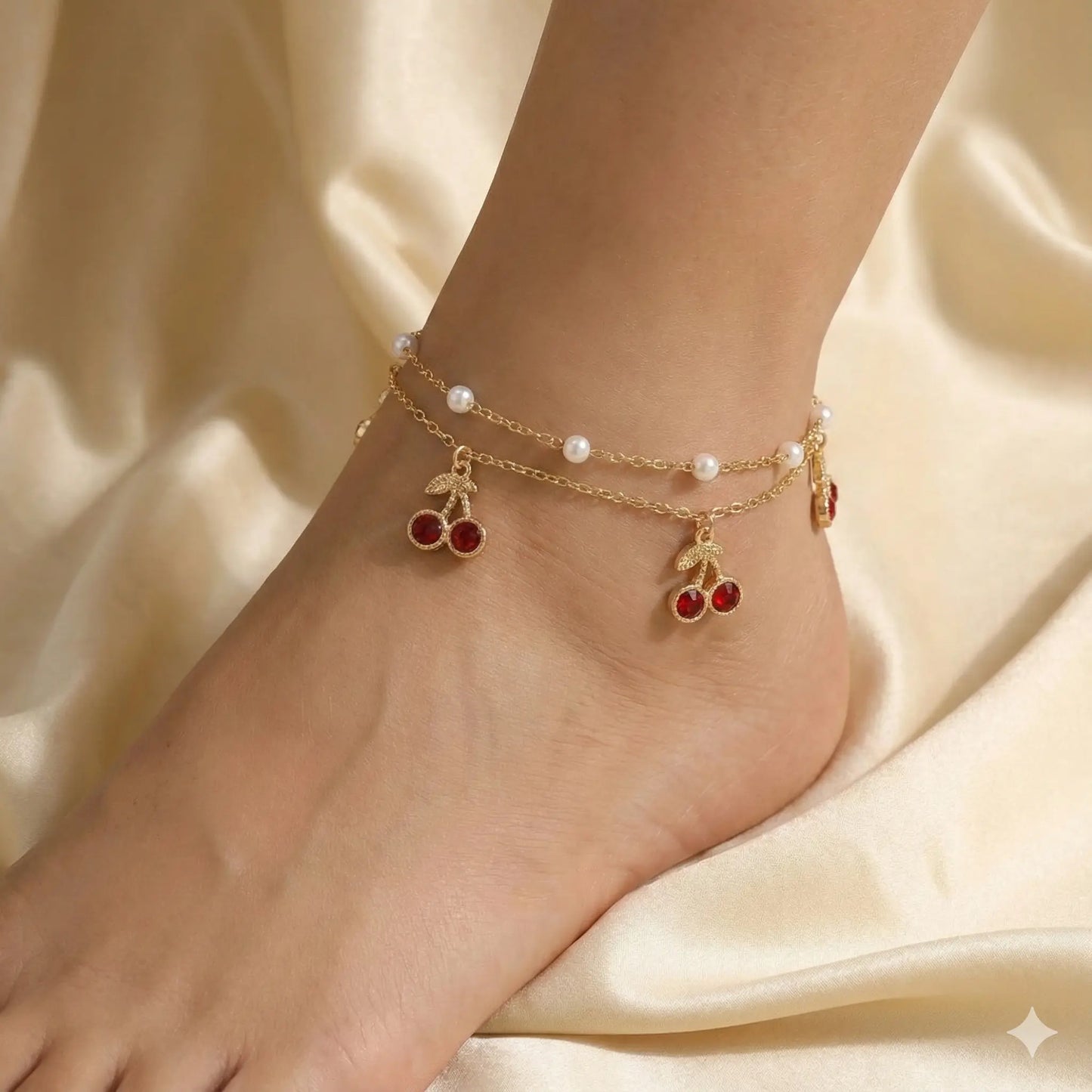 Red Berry Bloom Anklet Adorned with Layered Gold Chains & Pearls Vavya