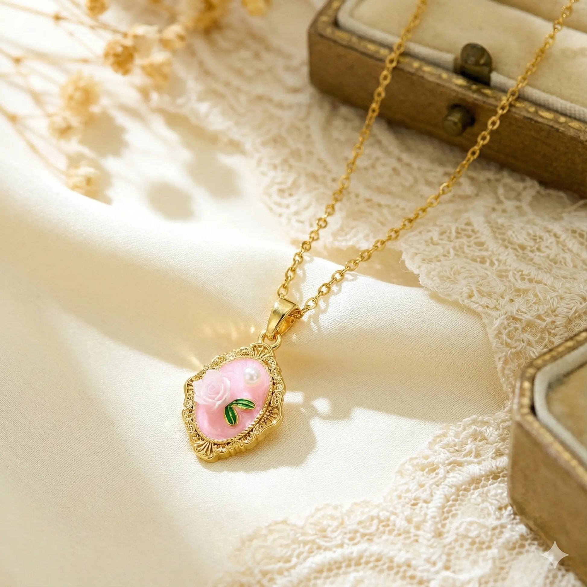 Pink Rose Pendant Necklace with Hand-Enamel Work, Mini Pearl Detail & 18K Gold Plating Vavya