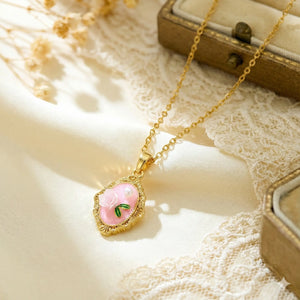 Pink Rose Pendant Necklace with Hand-Enamel Work, Mini Pearl Detail & 18K Gold Plating