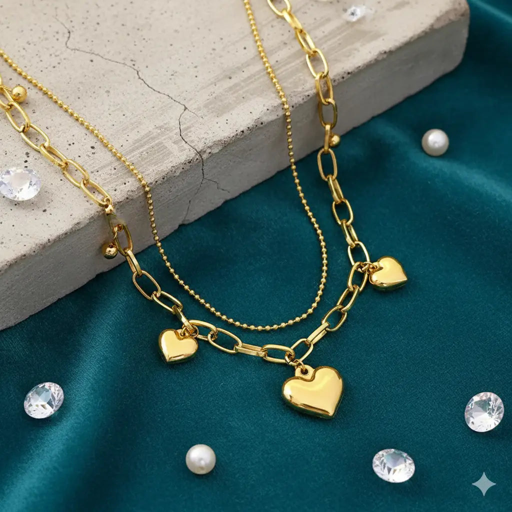 18K Gold-Plated Layered Heart Charm Necklace with Chunky Chain Vavya