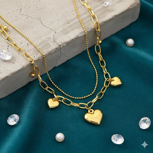 18K Gold-Plated Layered Heart Charm Necklace with Chunky Chain Vavya