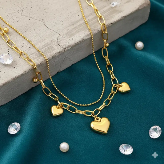 18K Gold-Plated Layered Heart Charm Necklace with Chunky Chain Vavya