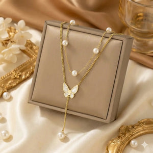 Pearl Butterfly Necklace in 18K Gold Finish with Mother-of-Pearl Charm