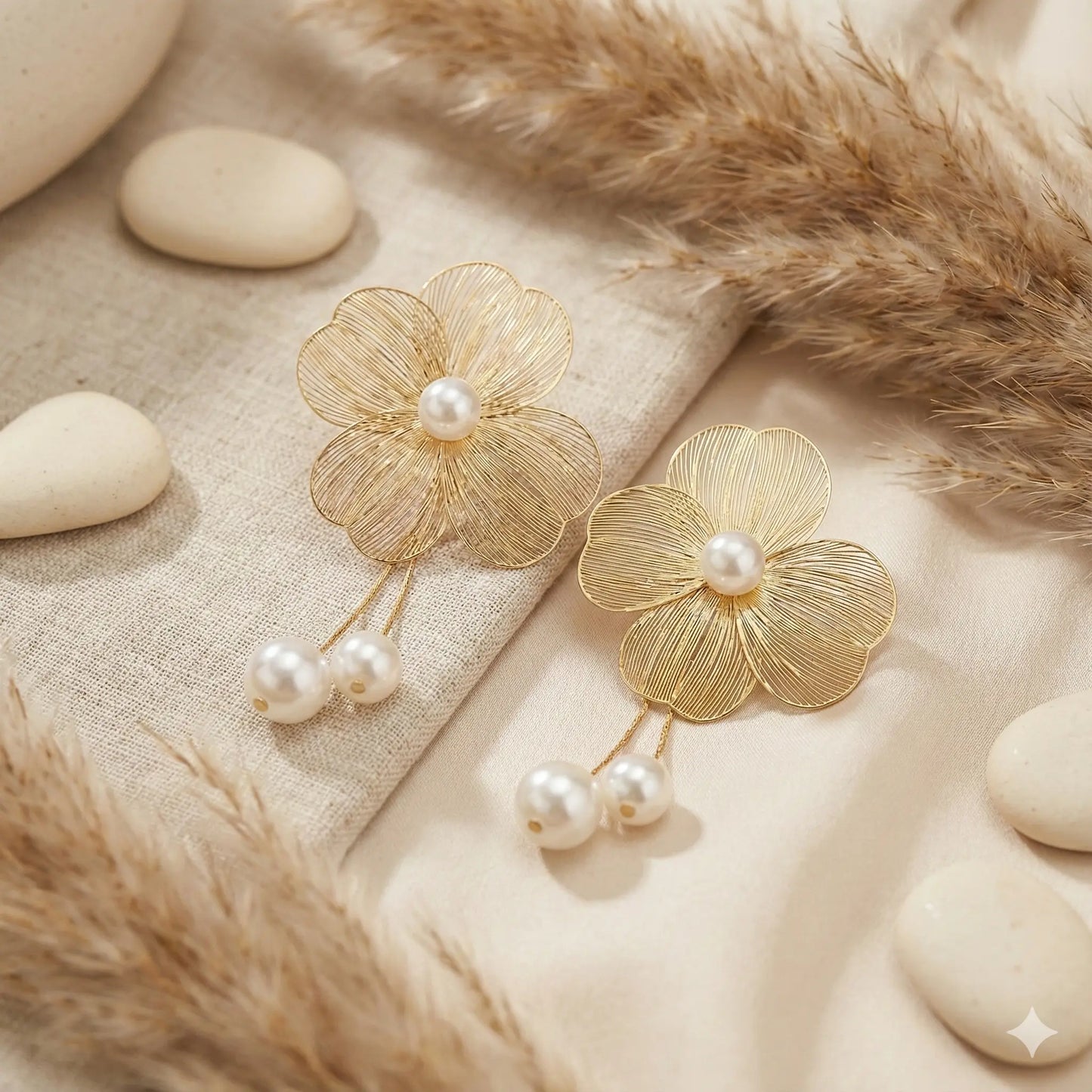 Whispering Petal Pearl Earrings with Delicate Floral Metal Art Vavya