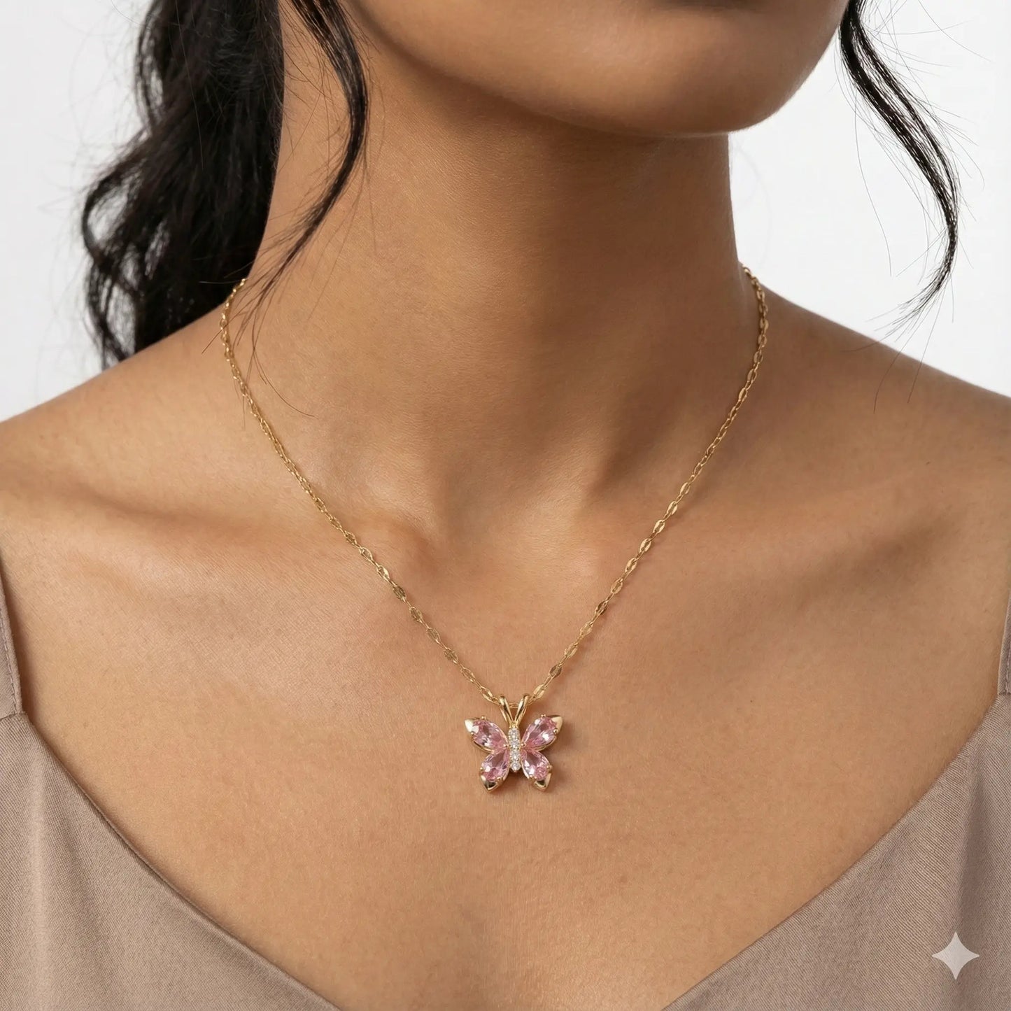 Pink Gem Butterfly Necklace with Sparkling Crystal  Luxe Gold Finish Vavya