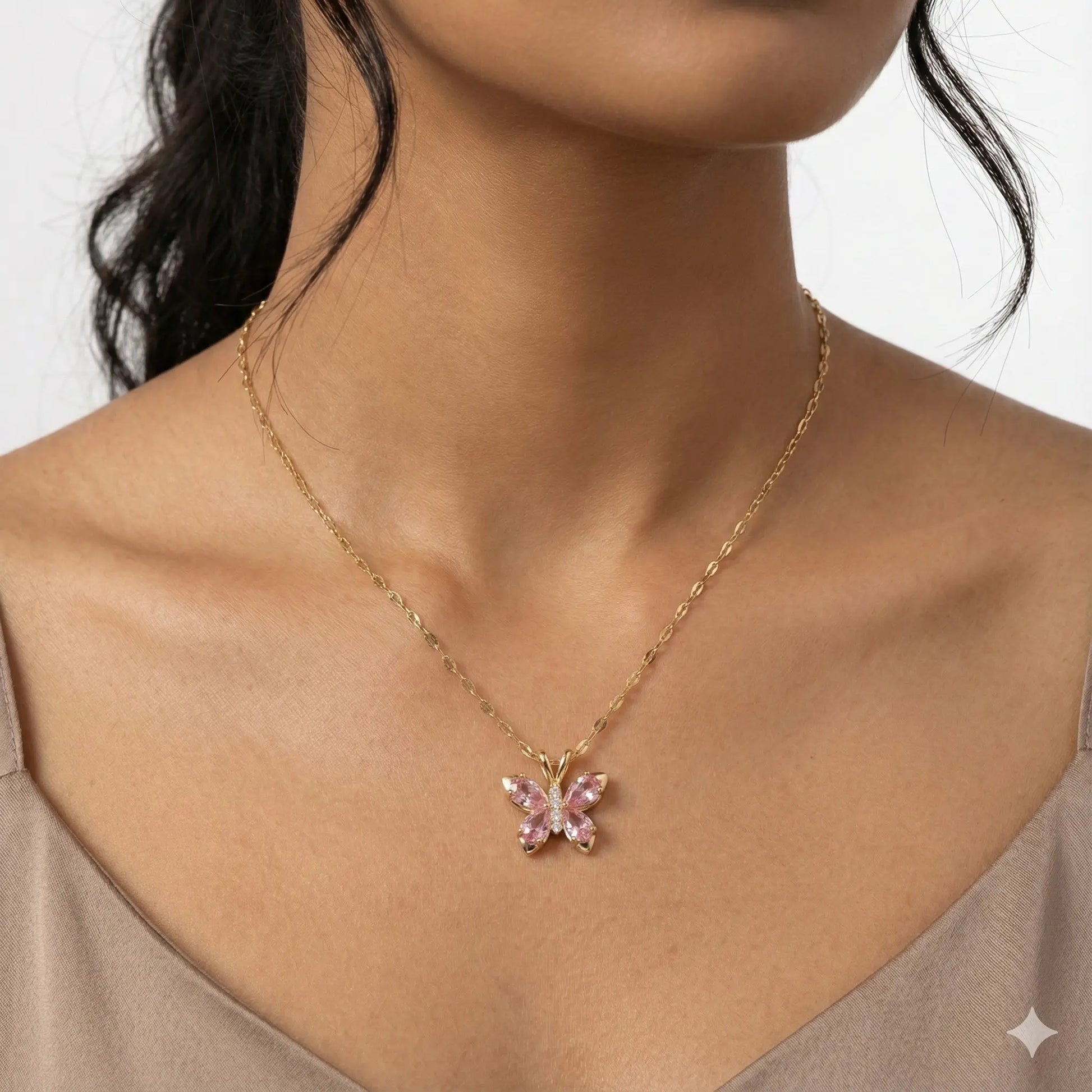 Pink Gem Butterfly Necklace with Sparkling Crystal  Luxe Gold Finish Vavya