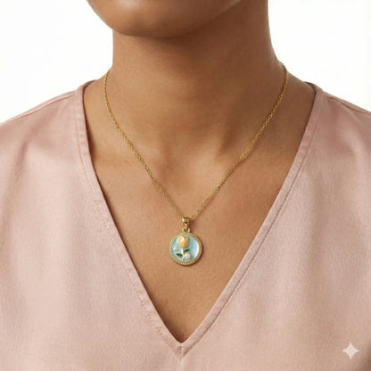 18K Gold-Plated Round Floral Pendant Necklace with Sky Blue Enamel, Pearl Accent Vavya