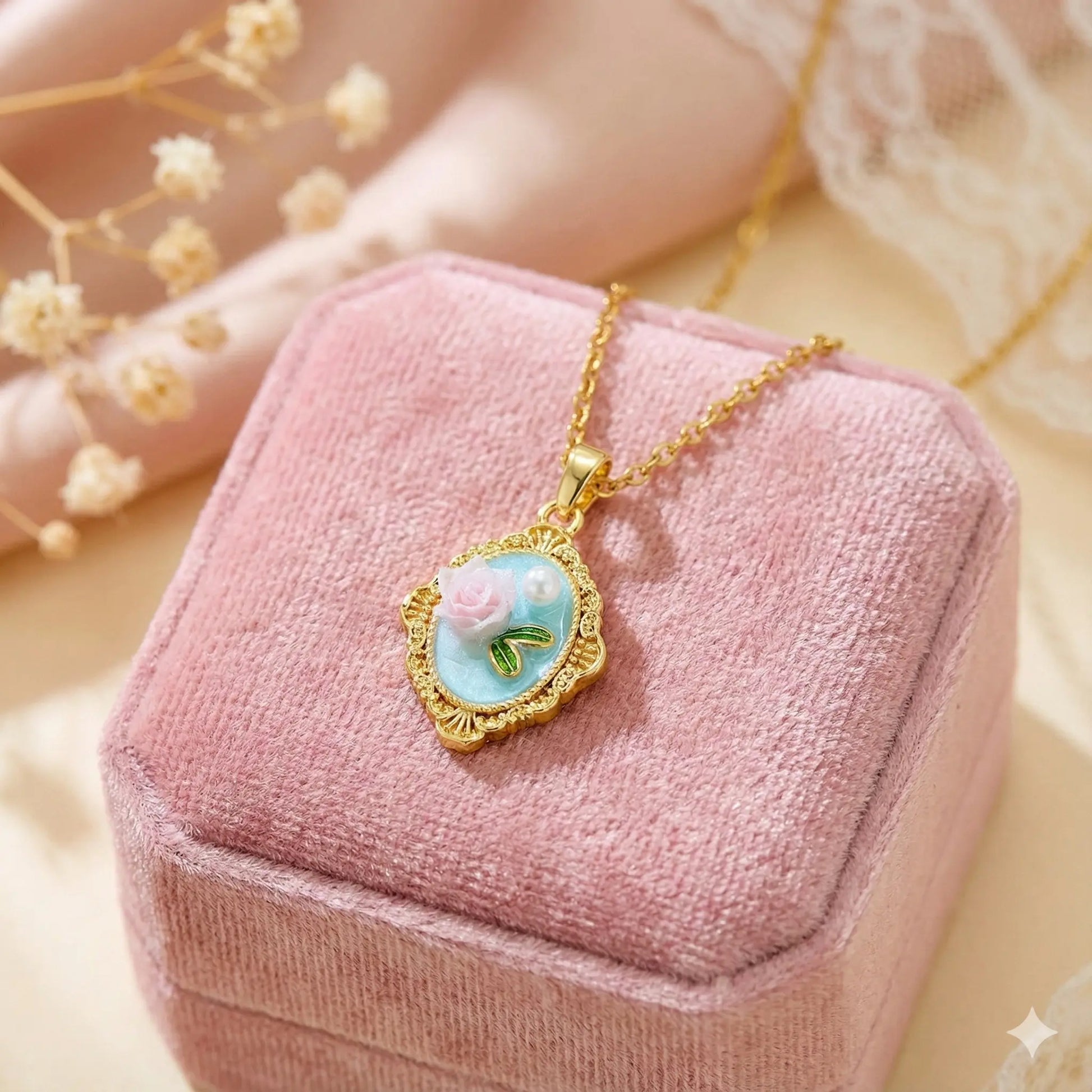 Sky Blue Floral Pendant Necklace with Pearl Accent & Ornate Antique Frame Vavya