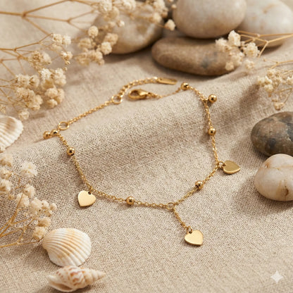 Golden Love Bead Anklet with Dainty Heart Charms & Luxe Polish Vavya