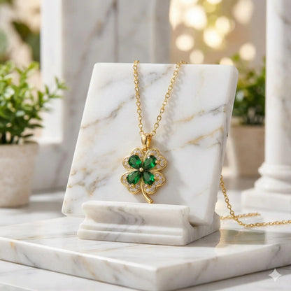 Emerald Clover Luck Necklace with Diamond Halo in Luxe Gold Finish Vavya