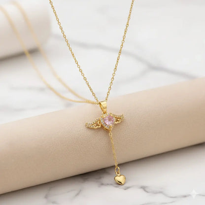 Pink Heart Wings Necklace with Sparkling Crystal & Gold Drop Charm Vavya