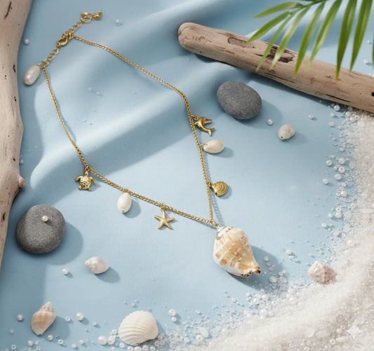 Ocean-Inspired Gold Plated Shell Charm Necklace with Starfish, Pearl Drops Vavya