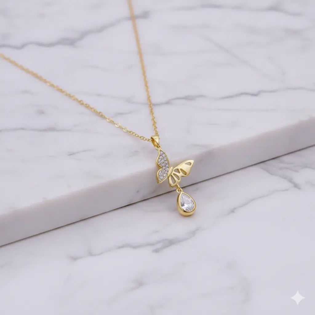 Winged Pearl Drop Necklace in Luxe Gold with Sparkling Crystal Rain Vavya