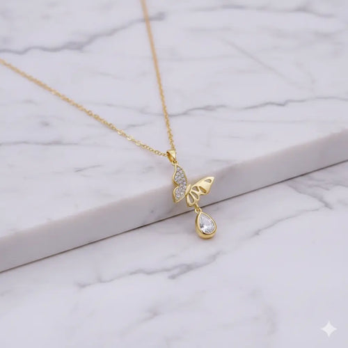 Winged Pearl Drop Necklace in Luxe Gold with Sparkling Crystal Rain Vavya